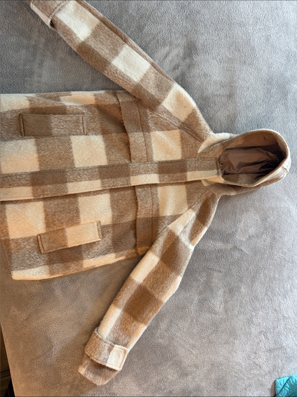 Nine West Cream and Tan Plaid Hooded Zip Jacket